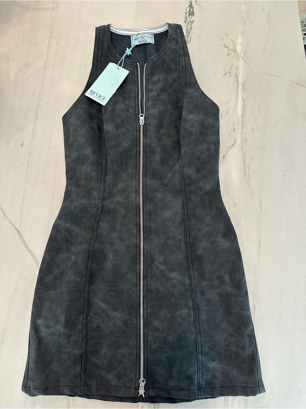 REVICE Black Sleeveless Faux-Leather Zip Front Mini Dress